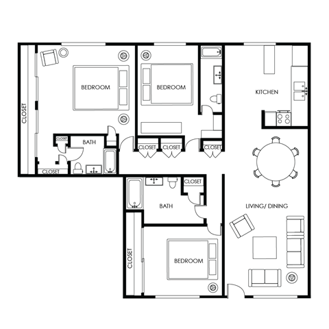 A floor plan of a house with two bedrooms, a bathroom, a kitchen, a living/dining area, and a closet.